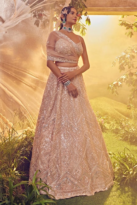 Buy_Aneesh Agarwaal_Pink Georgette Sequins, Beads Plunge Pastel Hand Embroidered Bridal Lehenga Set _Online_at_Aza_Fashions