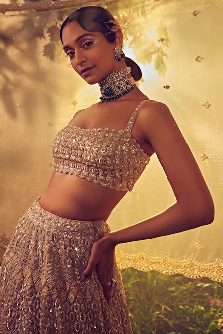 Aneesh Agarwaal_Beige Organza Sequins, Beads Pastel Geometric Embroidered Bridal Lehenga Set _Online_at_Aza_Fashions