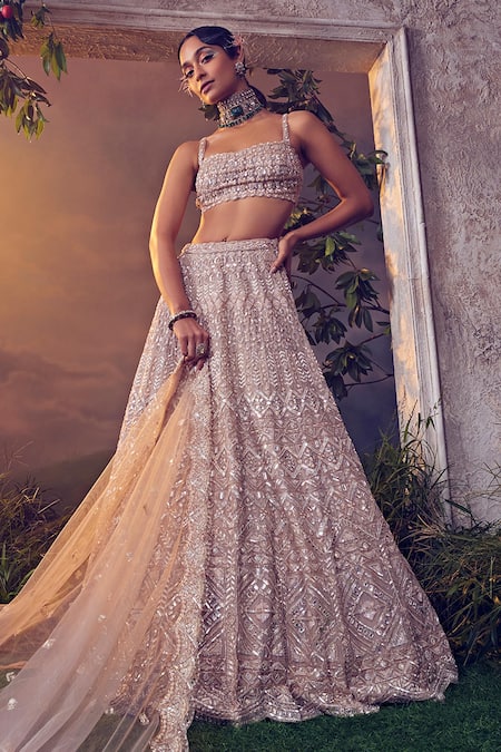 Buy_Aneesh Agarwaal_Beige Organza Sequins, Beads Pastel Geometric Embroidered Bridal Lehenga Set _Online_at_Aza_Fashions