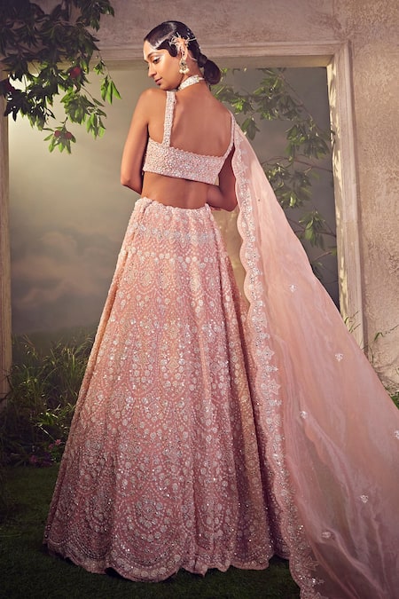 Shop_Aneesh Agarwaal_Pink Organza Sequins, Embroidery Pastel Floral Hand Bridal Lehenga Set _at_Aza_Fashions