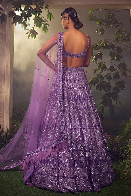 Shop_Aneesh Agarwaal_Purple Net Sequins, Beads Embroidered Lehenga Set With Feather Hem Dupatta _at_Aza_Fashions