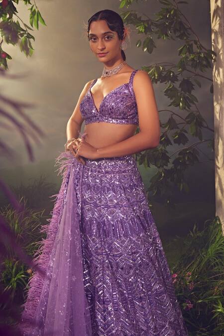 Aneesh Agarwaal_Purple Net Sequins, Beads Embroidered Lehenga Set With Feather Hem Dupatta _Online_at_Aza_Fashions