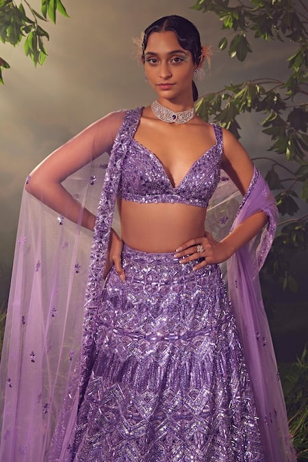 Buy_Aneesh Agarwaal_Purple Net Sequins, Beads Embroidered Lehenga Set With Feather Hem Dupatta _Online_at_Aza_Fashions