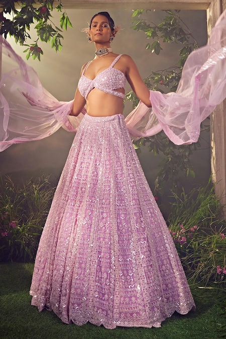 Shop_Aneesh Agarwaal_Purple Net Sequins, Beads Plunge Pastel Hand Embroidered Bridal Lehenga Set _at_Aza_Fashions