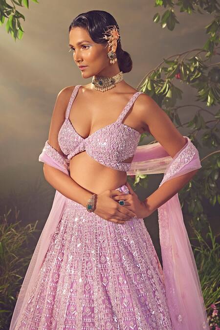 Aneesh Agarwaal_Purple Net Sequins, Beads Plunge Pastel Hand Embroidered Bridal Lehenga Set _Online_at_Aza_Fashions