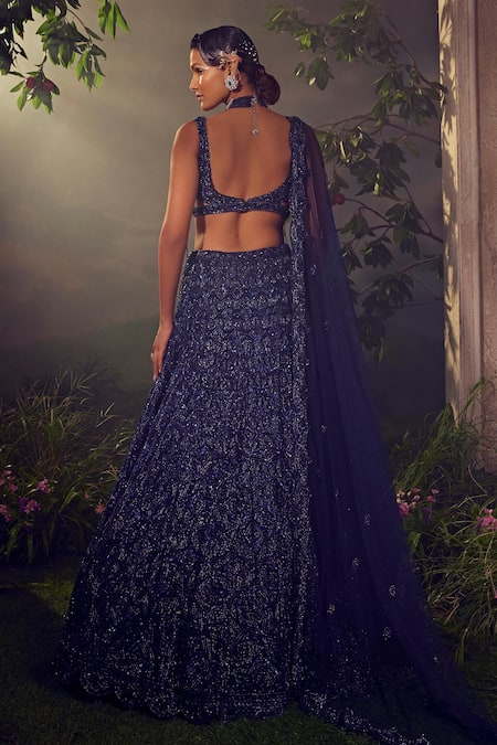 Shop_Aneesh Agarwaal_Blue Net Sequins, Beads Square Neck Tonal Hand Embroidered Bridal Lehenga Set _at_Aza_Fashions
