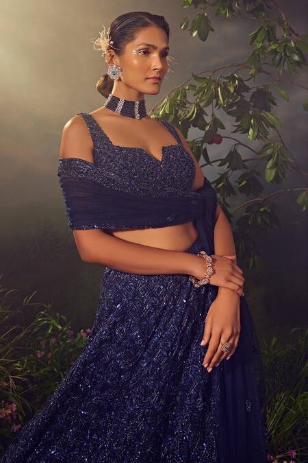 Aneesh Agarwaal_Blue Net Sequins, Beads Square Neck Tonal Hand Embroidered Bridal Lehenga Set _Online_at_Aza_Fashions
