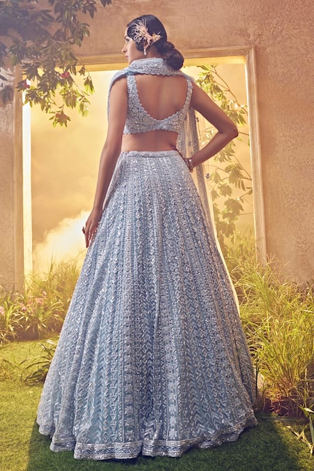 Shop_Aneesh Agarwaal_Blue Net Sequins, Beads Scoop Neck Linear Hand Embroidered Bridal Lehenga Set _at_Aza_Fashions