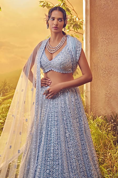 Aneesh Agarwaal_Blue Net Sequins, Beads Scoop Neck Linear Hand Embroidered Bridal Lehenga Set _Online_at_Aza_Fashions