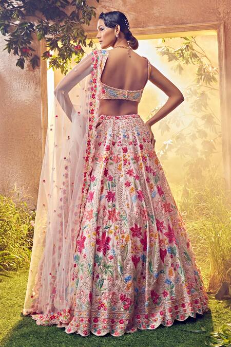 Shop_Aneesh Agarwaal_Pink Organza Sequins, Beads Scoop Neck Floral Embellished Lehenga Set _at_Aza_Fashions