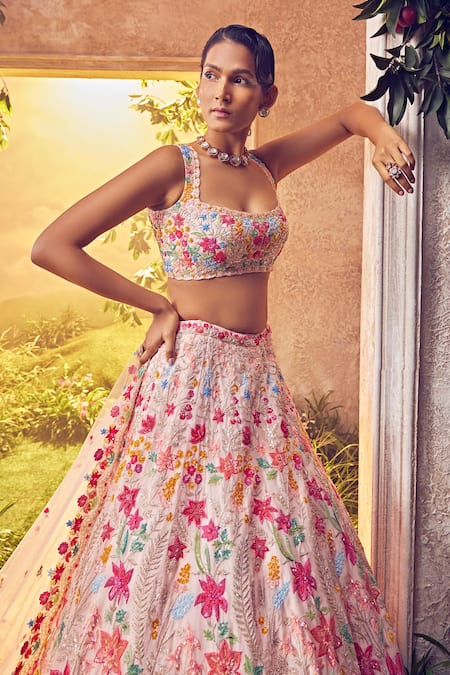 Aneesh Agarwaal_Pink Organza Sequins, Beads Scoop Neck Floral Embellished Lehenga Set _Online_at_Aza_Fashions
