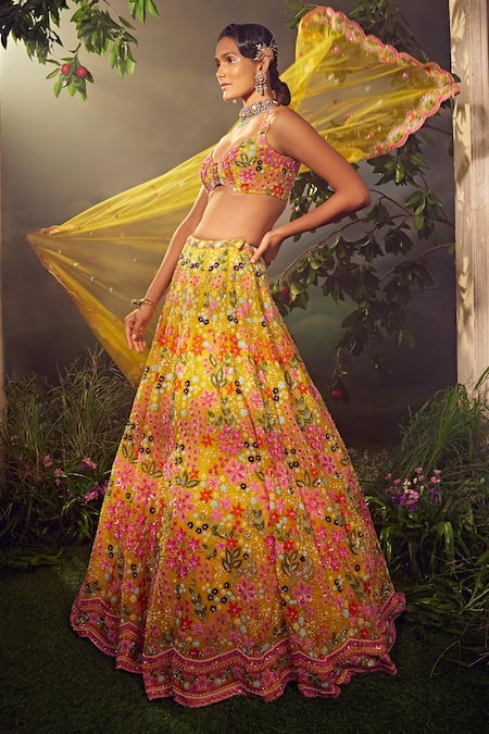 Aneesh Agarwaal Yellow Organza Sequins, Beads Plunge Neck Floral Embellished Lehenga Set Online at Aza Fashions Aneesh Agarwaal_Yellow Organza Sequins, Beads Plunge Neck Floral Embellished Lehenga Set _Online_at_Aza_Fashions