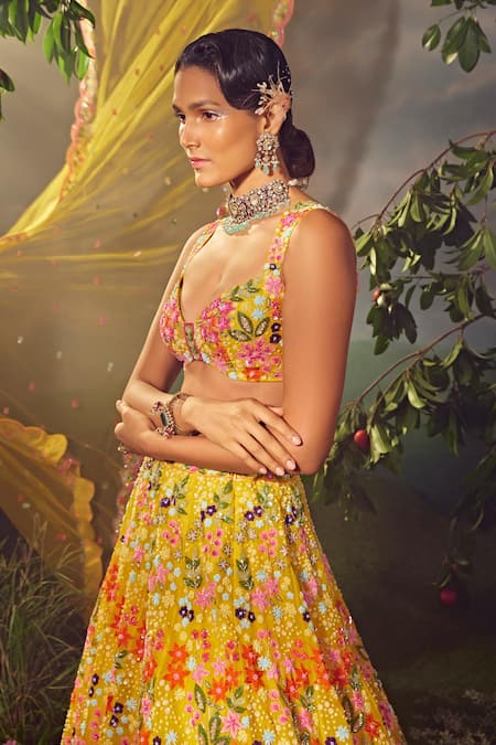 Buy Aneesh Agarwaal Yellow Organza Sequins, Beads Plunge Neck Floral Embellished Lehenga Set Online at Aza Fashions Buy_Aneesh Agarwaal_Yellow Organza Sequins, Beads Plunge Neck Floral Embellished Lehenga Set _Online_at_Aza_Fashions