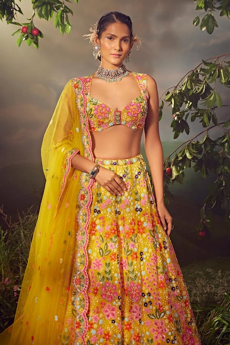 Shop Aneesh Agarwaal Yellow Organza Sequins, Beads Plunge Neck Floral Embellished Lehenga Set Online at Aza Fashions Shop_Aneesh Agarwaal_Yellow Organza Sequins, Beads Plunge Neck Floral Embellished Lehenga Set _Online_at_Aza_Fashions