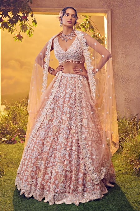 Aneesh Agarwaal Pink Organza Embroidered Lustre Sequin Plunged V Floral Bridal Lehenga Set