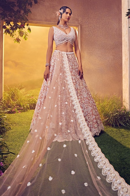 Aneesh Agarwaal_Pink Organza Pearls, Beads, Sequins Floral Embroidered Bridal Lehenga Set _Online_at_Aza_Fashions