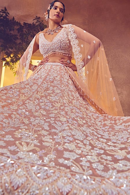 Buy_Aneesh Agarwaal_Pink Organza Pearls, Beads, Sequins Floral Embroidered Bridal Lehenga Set _Online_at_Aza_Fashions