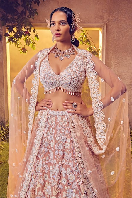 Shop_Aneesh Agarwaal_Pink Organza Pearls, Beads, Sequins Floral Embroidered Bridal Lehenga Set _Online_at_Aza_Fashions