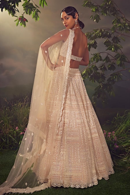 Shop_Aneesh Agarwaal_Ivory Net Sequins Sweetheart Neck Geometric Embroidered Bridal Lehenga Set _at_Aza_Fashions