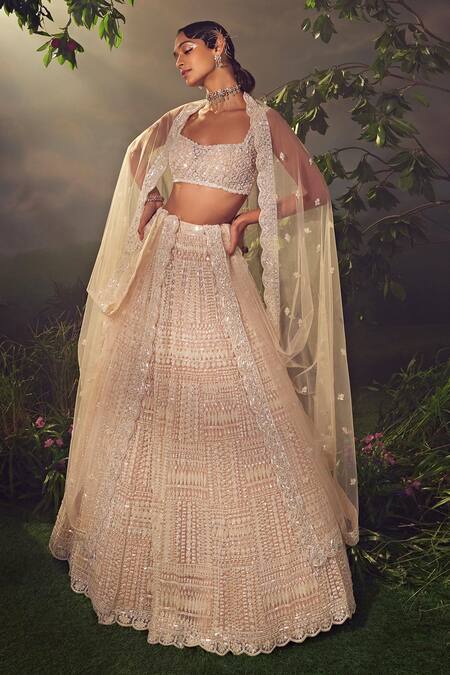 Aneesh Agarwaal_Ivory Net Sequins Sweetheart Neck Geometric Embroidered Bridal Lehenga Set _Online_at_Aza_Fashions