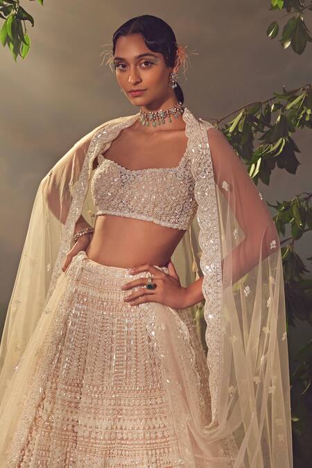 Buy_Aneesh Agarwaal_Ivory Net Sequins Sweetheart Neck Geometric Embroidered Bridal Lehenga Set _Online_at_Aza_Fashions