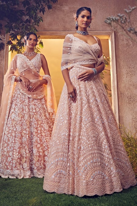 Aneesh Agarwaal_Pink Net Sequins Sweetheart Neck Scallop Embroidered Bridal Lehenga Set _Online_at_Aza_Fashions