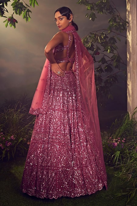 Shop_Aneesh Agarwaal_Purple Net Sequins, Beads Floral Geometric Embroidered Bridal Lehenga Set _at_Aza_Fashions