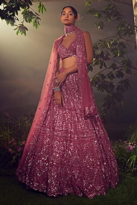 Aneesh Agarwaal_Purple Net Sequins, Beads Floral Geometric Embroidered Bridal Lehenga Set _Online_at_Aza_Fashions
