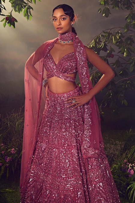 Buy_Aneesh Agarwaal_Purple Net Sequins, Beads Floral Geometric Embroidered Bridal Lehenga Set _Online_at_Aza_Fashions