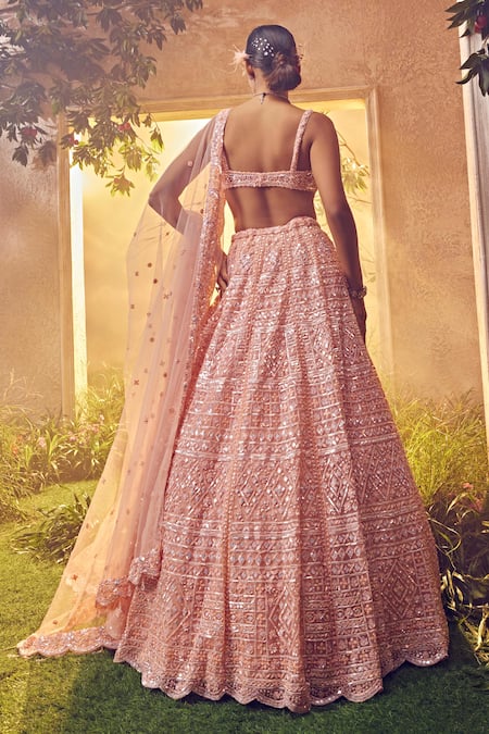 Shop_Aneesh Agarwaal_Peach Net Sequins, Embroidery Sweetheart Neck Ornamental Bridal Lehenga Set _at_Aza_Fashions