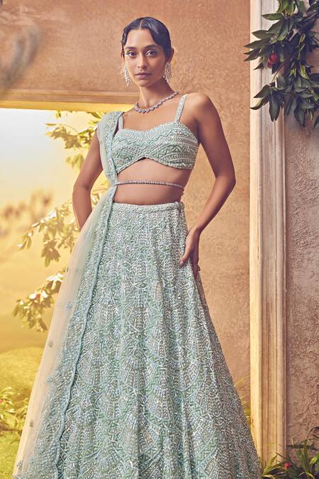 Buy_Aneesh Agarwaal_Green Net Sequins, Beads, Embroidery Scallop Ornamental Bridal Lehenga Set _Online_at_Aza_Fashions