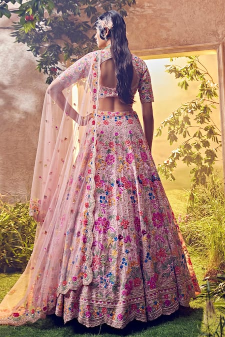 Shop_Aneesh Agarwaal_Pink Organza Sequins, Beads Scoop Neck Foliage Embellished Bridal Lehenga Set _at_Aza_Fashions