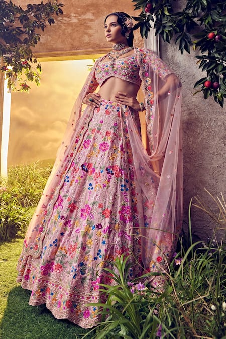 Aneesh Agarwaal_Pink Organza Sequins, Beads Scoop Neck Foliage Embellished Bridal Lehenga Set _Online_at_Aza_Fashions