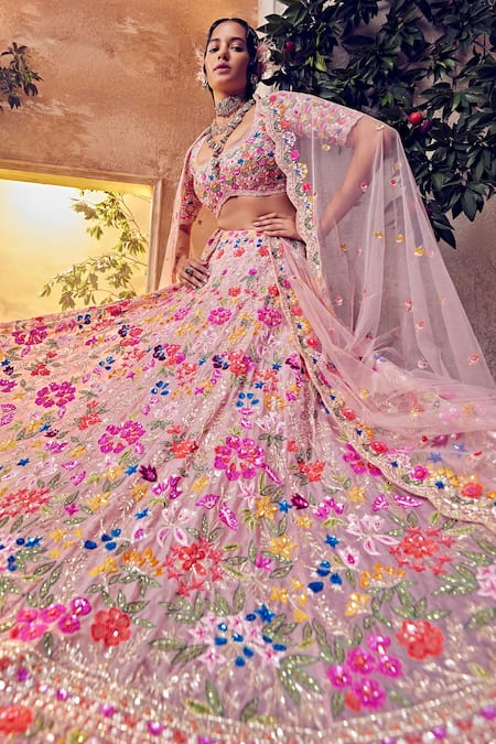 Buy_Aneesh Agarwaal_Pink Organza Sequins, Beads Scoop Neck Foliage Embellished Bridal Lehenga Set _Online_at_Aza_Fashions