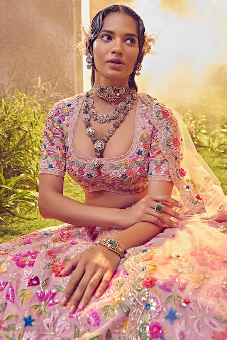 Shop_Aneesh Agarwaal_Pink Organza Sequins, Beads Scoop Neck Foliage Embellished Bridal Lehenga Set _Online_at_Aza_Fashions