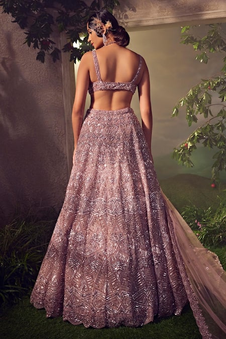 Shop_Aneesh Agarwaal_Purple Net Sequins, Beads, Tassels Geometric Hand Embellished Bridal Lehenga Set _at_Aza_Fashions
