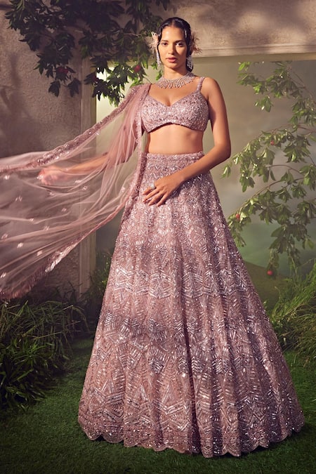 Aneesh Agarwaal_Purple Net Sequins, Beads, Tassels Geometric Hand Embellished Bridal Lehenga Set _Online_at_Aza_Fashions