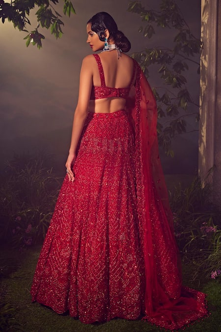 Shop_Aneesh Agarwaal_Red Net Sequins, Beads V-neck Geometric Pattern Embroidered Bridal Lehenga Set _at_Aza_Fashions