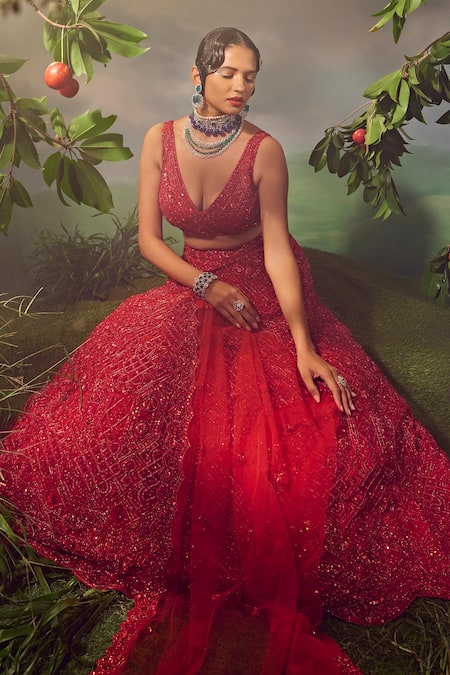 Shop_Aneesh Agarwaal_Red Net Sequins, Beads V-neck Geometric Pattern Embroidered Bridal Lehenga Set _Online_at_Aza_Fashions
