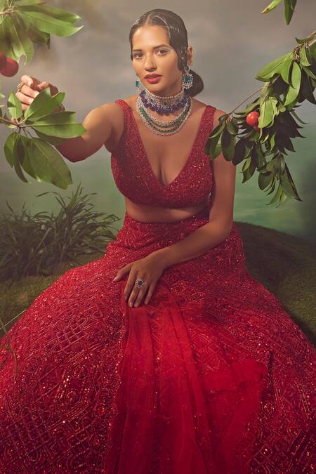 Aneesh Agarwaal_Red Net Sequins, Beads V-neck Geometric Pattern Embroidered Bridal Lehenga Set _at_Aza_Fashions