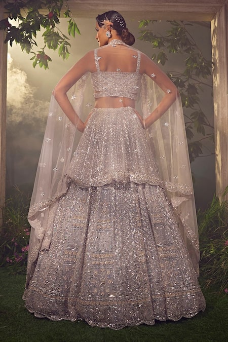 Shop_Aneesh Agarwaal_Grey Net Sequins, Beads, Tassels Geometric Stripe Pattern Bridal Lehenga Set _at_Aza_Fashions