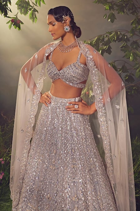 Buy_Aneesh Agarwaal_Grey Net Sequins, Beads, Tassels Geometric Stripe Pattern Bridal Lehenga Set _Online_at_Aza_Fashions