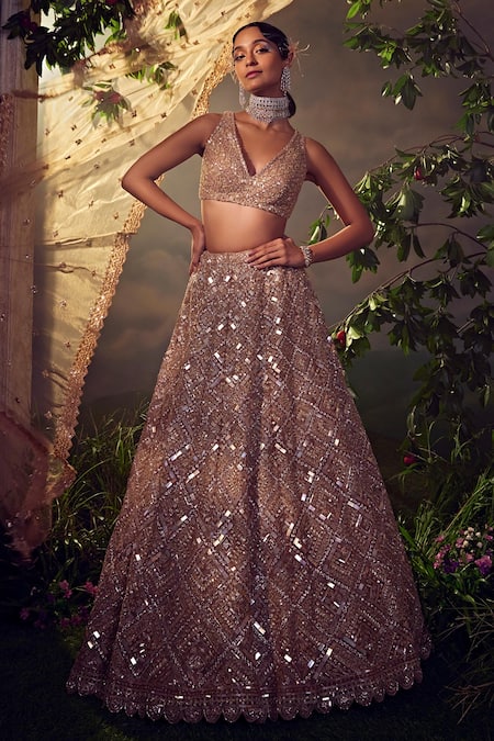 Aneesh Agarwaal Gold Net Embroidered Sequin And Japanese Checkered Pattern Bridal Lehenga Set