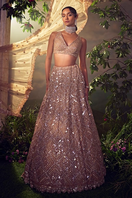 Shop Aneesh Agarwaal Gold Net Sequins, Beads, Checkered Pattern Embroidered Bridal Lehenga Set at Aza Fashions Shop_Aneesh Agarwaal_Gold Net Sequins, Beads, Checkered Pattern Embroidered Bridal Lehenga Set _at_Aza_Fashions