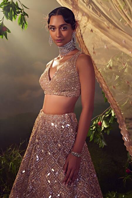 Aneesh Agarwaal Gold Net Sequins, Beads, Checkered Pattern Embroidered Bridal Lehenga Set Online at Aza Fashions Aneesh Agarwaal_Gold Net Sequins, Beads, Checkered Pattern Embroidered Bridal Lehenga Set _Online_at_Aza_Fashions