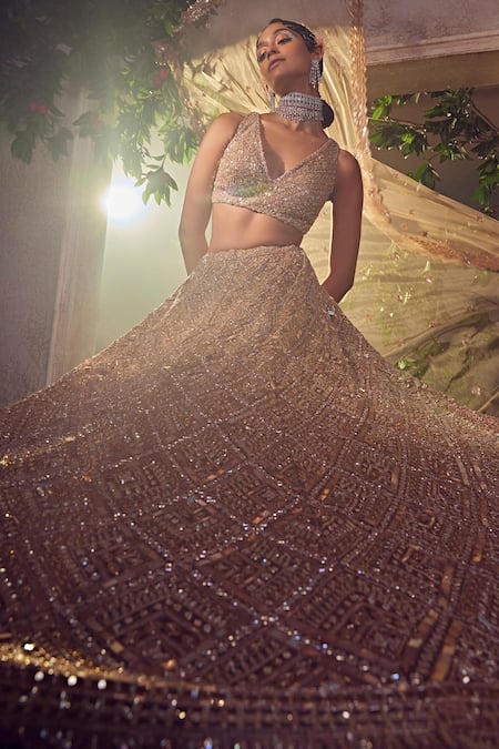 Shop Aneesh Agarwaal Gold Net Sequins, Beads, Checkered Pattern Embroidered Bridal Lehenga Set Online at Aza Fashions Shop_Aneesh Agarwaal_Gold Net Sequins, Beads, Checkered Pattern Embroidered Bridal Lehenga Set _Online_at_Aza_Fashions