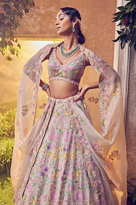 Shop Aneesh Agarwaal Grey Organza Sequins, Embroidery, Foliage Pattern Embellished Bridal Lehenga Set Online at Aza Fashions Shop_Aneesh Agarwaal_Grey Organza Sequins, Embroidery, Foliage Pattern Embellished Bridal Lehenga Set _Online_at_Aza_Fashions