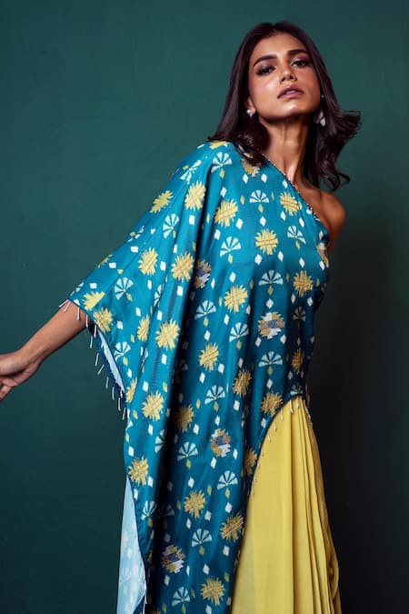 Suave_Blue Silk, Crepe Beads One Shoulder Tunic With Draped Skirt _Online_at_Aza_Fashions