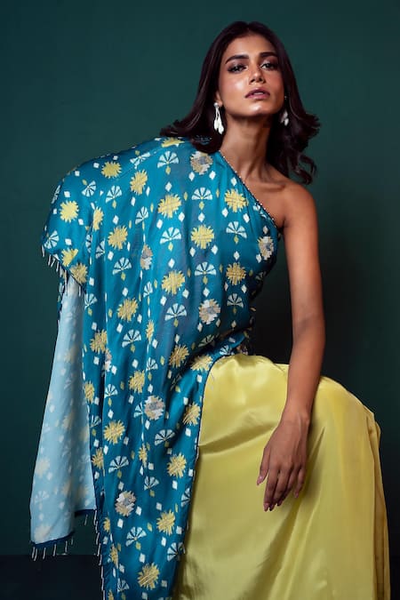 Buy_Suave_Blue Silk, Crepe Beads One Shoulder Tunic With Draped Skirt _Online_at_Aza_Fashions