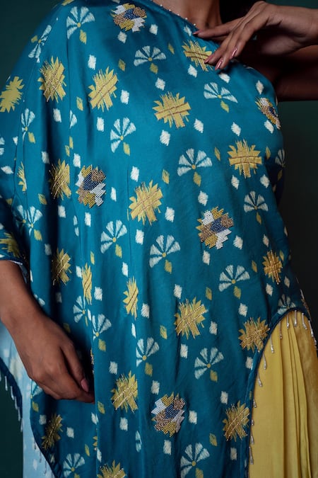 Shop_Suave_Blue Silk, Crepe Beads One Shoulder Tunic With Draped Skirt _Online_at_Aza_Fashions